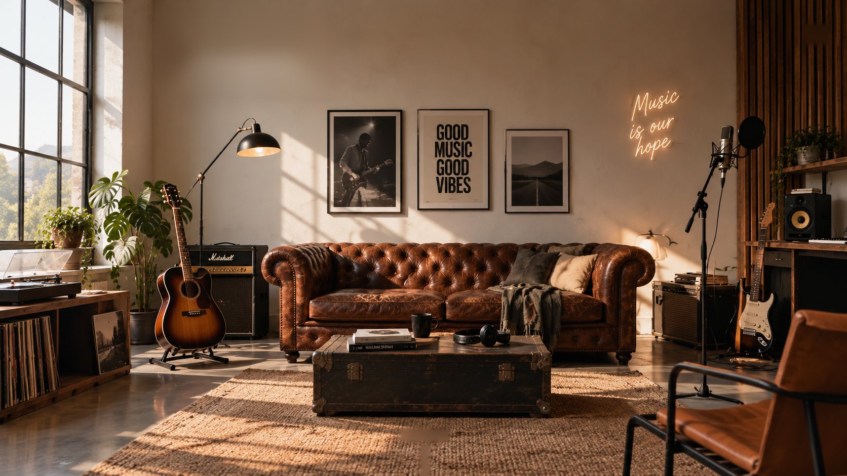 Studio de musique chaleureux avec canapé en cuir, guitares et néon « Music is our hope »